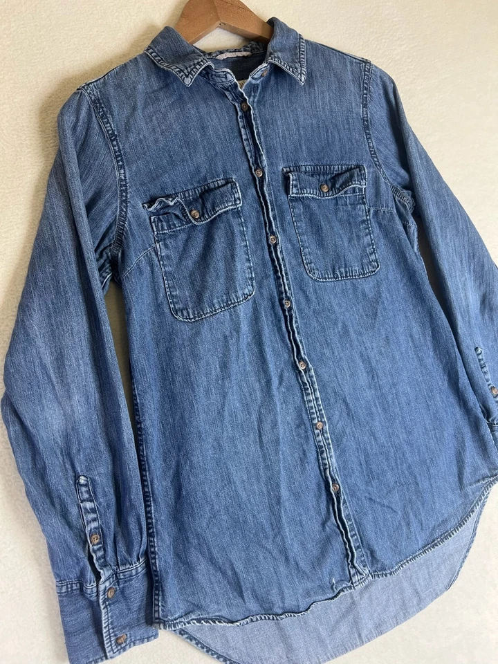 Женская джинсовая рубашка Merona средний размер синяя на пуговицах 2 кармана L/S повседневная - Изображение 3 из 4