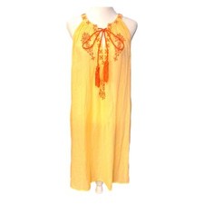 Anthro yellow long shift tassel Tie Embroidered boho flowy Dress Small keyhole 