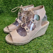 Carmen Saiz Espadrille Wedge Beige Leather Sandals Lace Up Spain 38 Sz 7.5