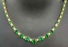 25Ct Rd Lab Created Green Emerald Diam Necklace 14K Yell Gold Plated 18"