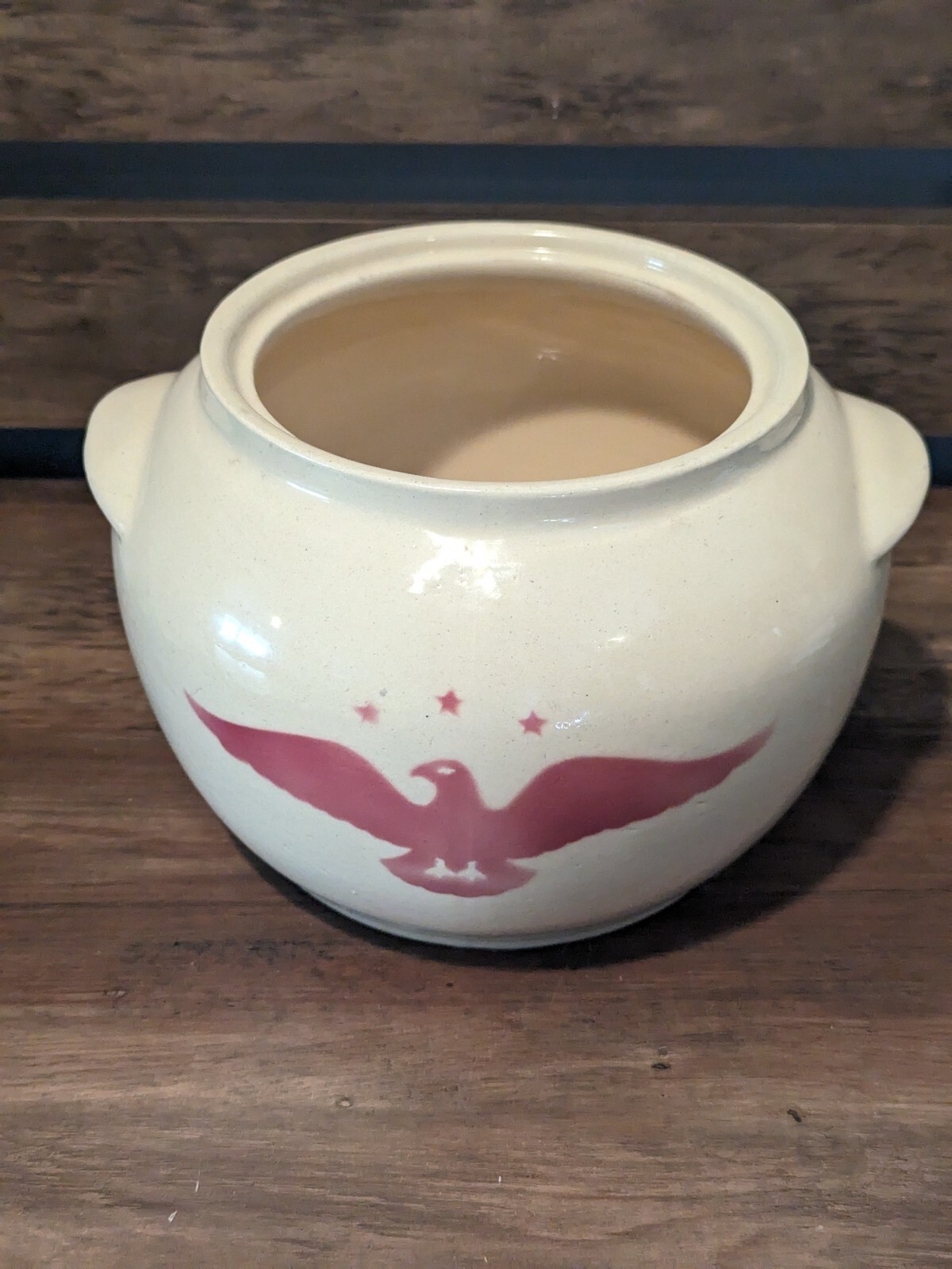 Rare Watt Ovenware Eagle Print 76 Bean Pot Pottery Vtg Bowl W/ Ear