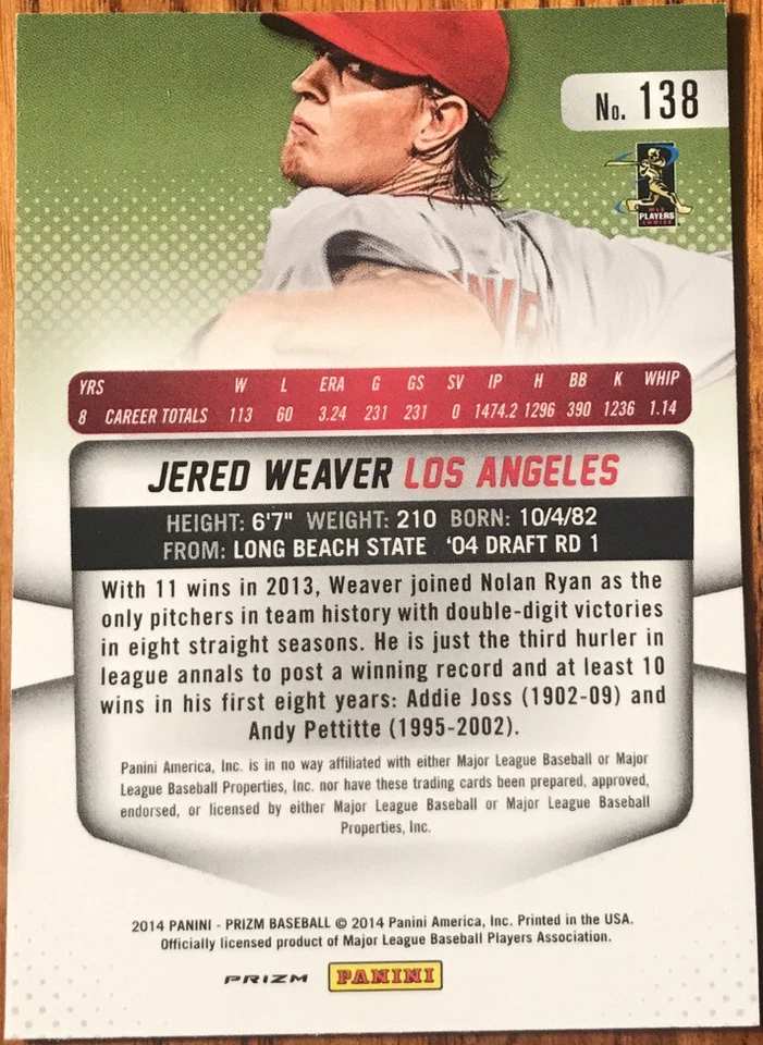 2014 Panini Prizm Prizms Red White & Blue Pulsar Jered Weaver #138 — 第 2/2 张图片
