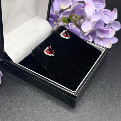 White Gold Finish Heart Cut Red Ruby Created Diamond Stud Earrings FREE GIFT BOX - Picture 6 of 9