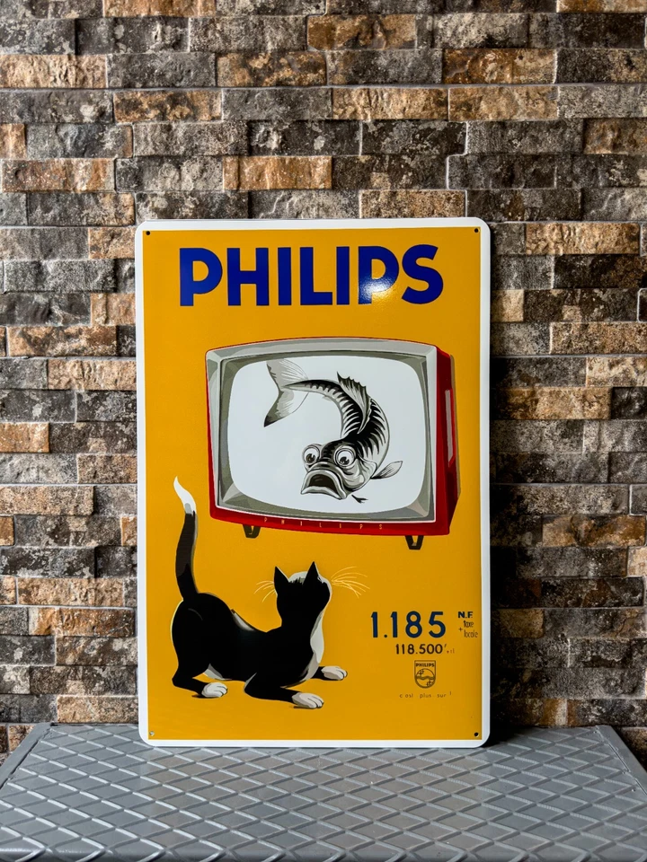 Vintage PHILIPS  French Cat & Fish Design Heavy Metal Sign – 24"x16"(60x40 cm) - Image 2 of 4