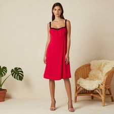 Plus Size Evening Glam Midi Dress Red Satin Sheath Square Neck Sleeveless US 14