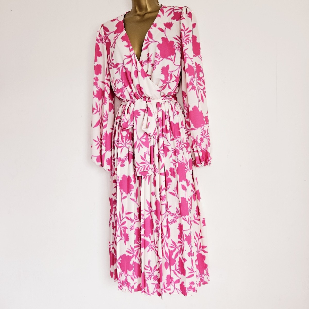 NEW Ex WALLIS 12-28 Wrap Chiffon Pink White Floral Pleated Belted Midi Tea  Dress