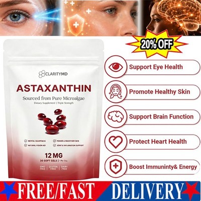 ClarityMD Astaxanthin 12mg Antioxidant Supplement 30 Softgels Natural Microalgae
