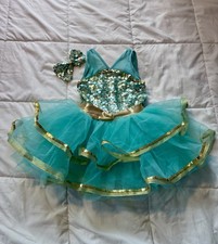 A Wish Come True Believe In Magic Small Child SC Dance Costume Aqua Gold Seqin