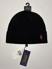 Polo Ralph Lauren Beanie Unisex Black Classic Cable Knit Wool Blend Red Pony NWT