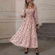 Women's Square Neck Floral Dress Puff Sleeve Backless Maxi Dress With Smocked Wa