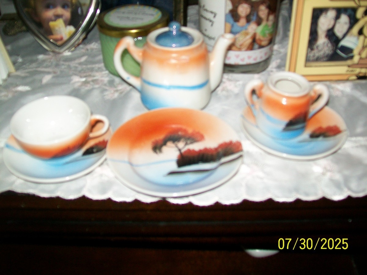 Vintage ceramic Orange & Blue scenic Trees Child's China Tea Set 6