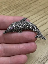 Vintage Designer Sterling Silver 925 And Marcasite Dolphin Brooch Signed BOMA