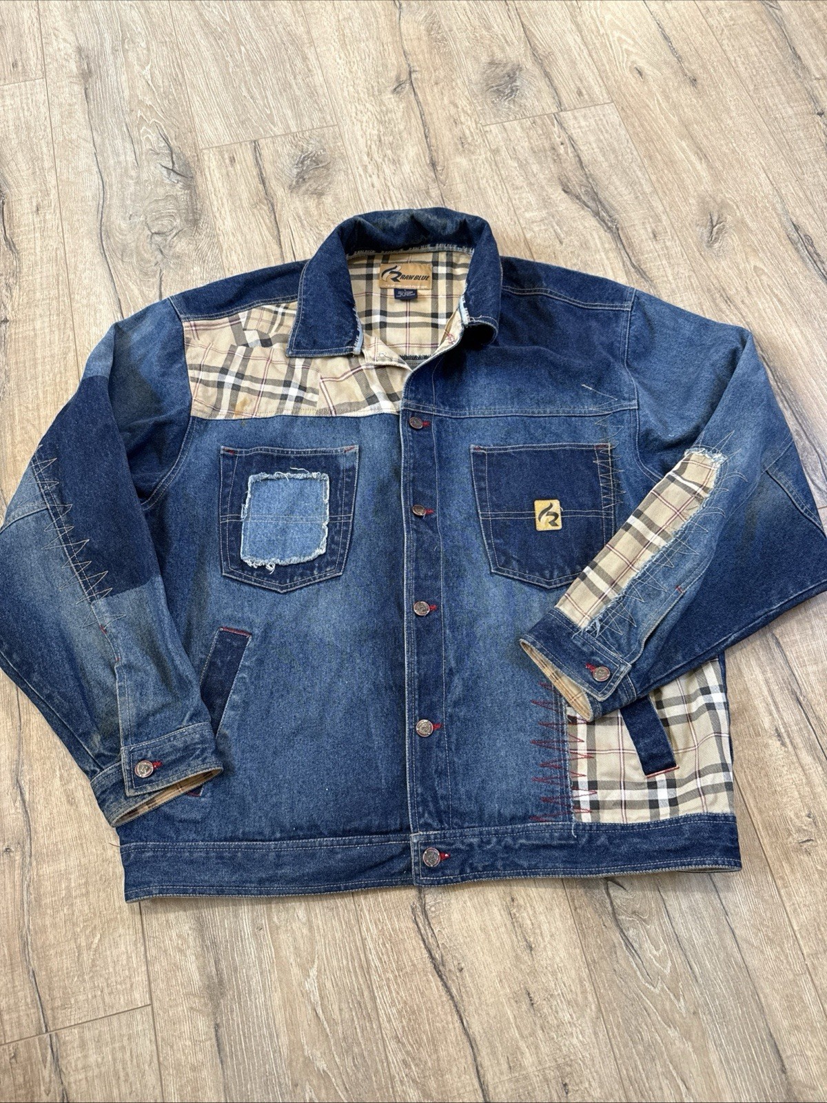 Raw Blue patchwork denim jacket with plaid accent… - image 1