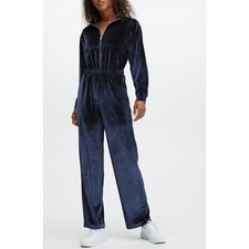 NEW Fabletics Velour Zip Up Wide Leg Jumpsuit Navy Blue XL