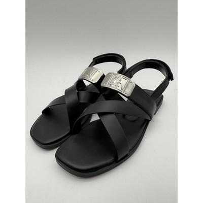 Womens Black Strap Sandals Slingback Flat Metal Accent Size 5