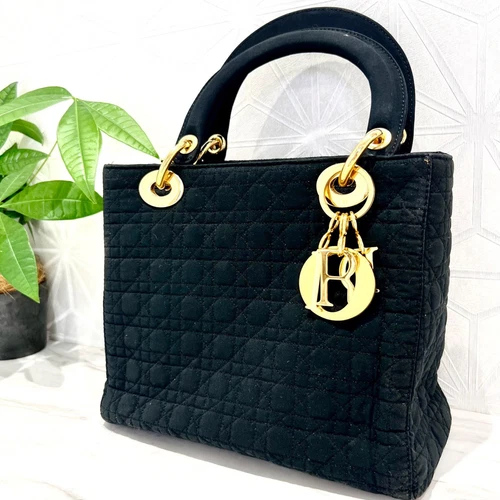 Sac à main Christian Dior Lady dior Cannage toile nylon noir moyen occasion ex authentique