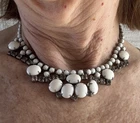 Vintage Necklace With Rhinestone And Milk Glass -14.5” Choker Length