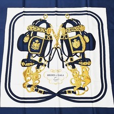Hermes Scarf Women's Carre90 BRIDES DE GALA Ceremony Bridle Horse Tack Silk Navy