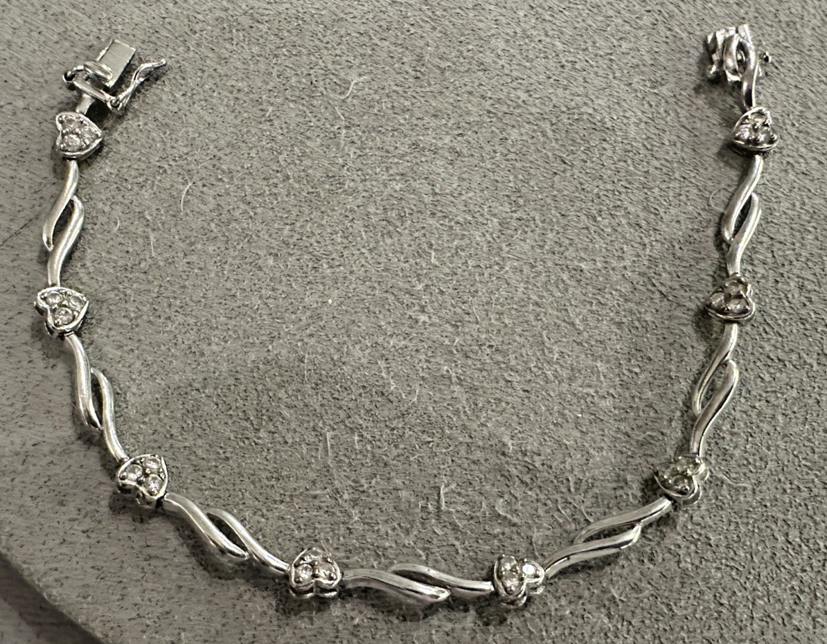 Vintage Sterling Silver CZ Heart Wavy Bar Tennis Bracelet 7.25