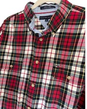 Vintage Y2K Tommy Hilfiger Men's XL Red Green Tartan Plaid ButtonUp Shirt Cotton