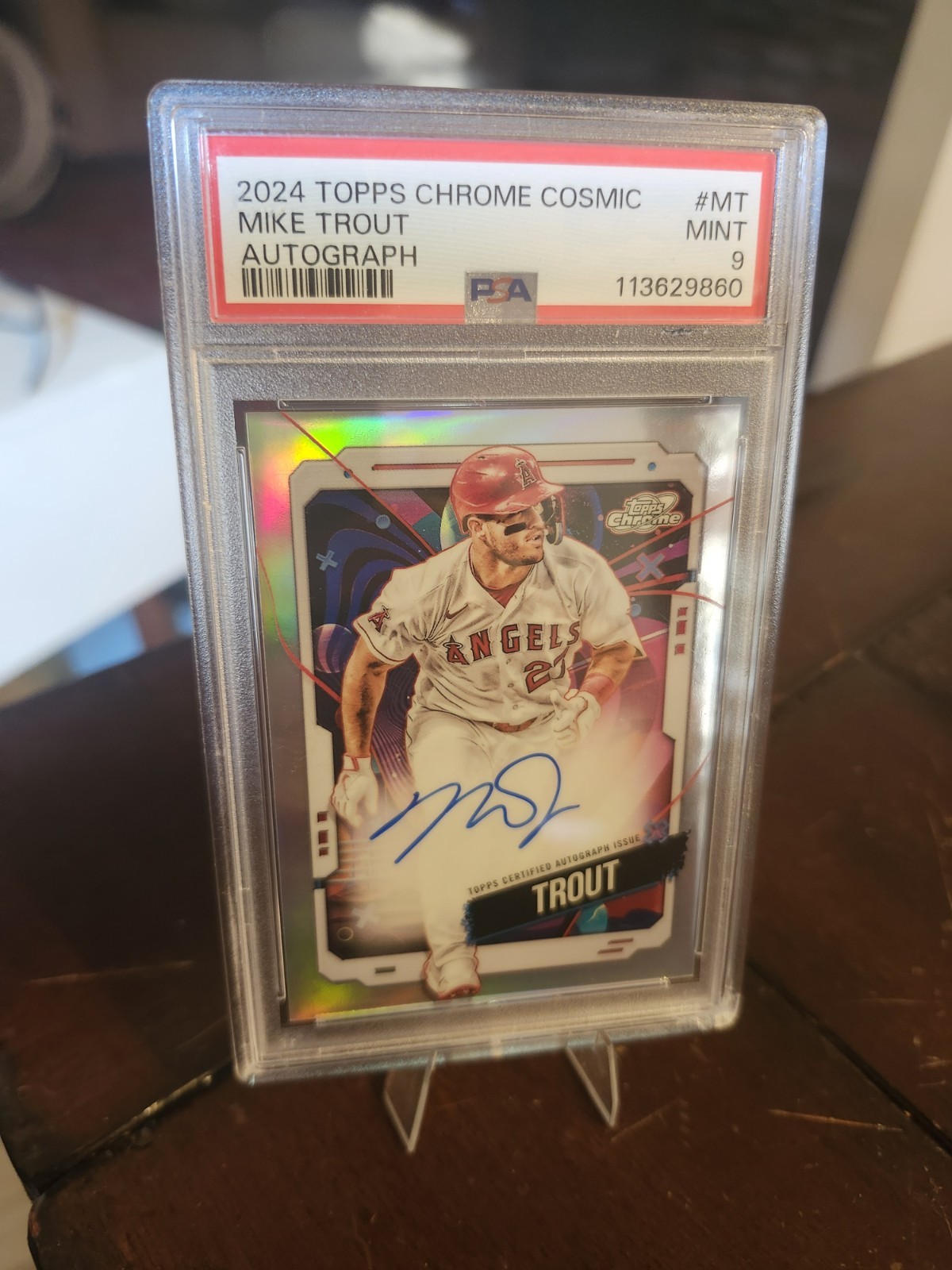MIKE TROUT 2024 TOPPS COSMIC CHROME ON CARD AUTO PSA 9. ANGELS