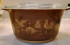#473 Vintage PYREX casserole dish with lid Early American brown/gold 1 quart