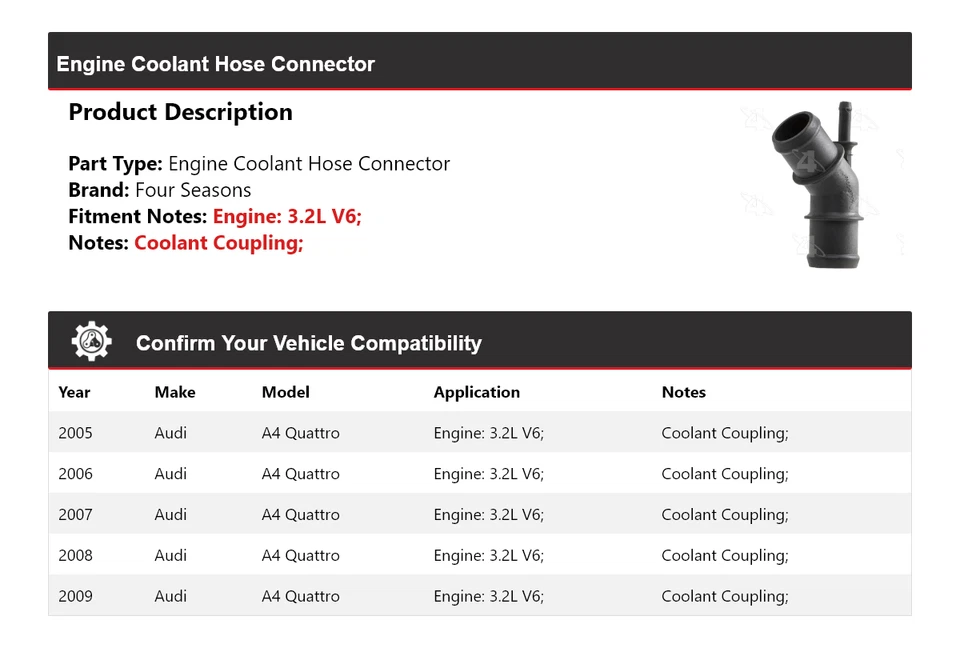 Conector de manguera de refrigerante de motor V6 3,2 L para Audi A4 Quattro 2005-2009 4 estaciones Foto 2 de 4