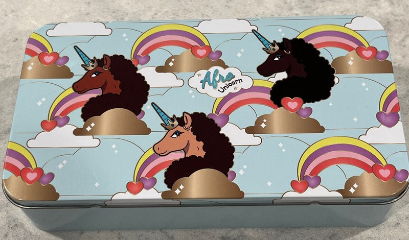 NEW Afro Unicorn Tin Blue Rainbows Tin School Pencil Box 7.75" x 4.25" x 1.5"
