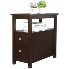 End Table with 2 Drawers Open Shelf Narrow Sofa End Table for Living Room Brown 