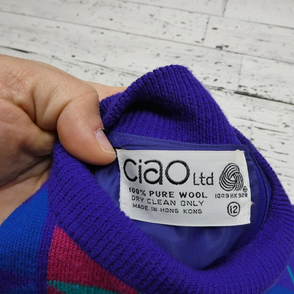 Vestido de Lana Ciao DE COLECCIÓN Talla 12 Púrpura Geométrico Almohadillas para el Hombro Cinturón Abuela Foto 3 de 4