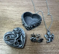 Vintage Torino Pewter Cupid Jewelry Set | Necklace, Earrings & Brooch | Gift