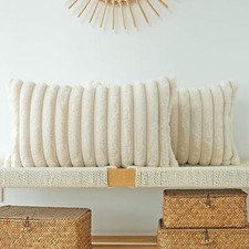 Pack of 2 Faux Fur Plush Decorative Throw Pillow Covers 12 x 20-Inch Beige