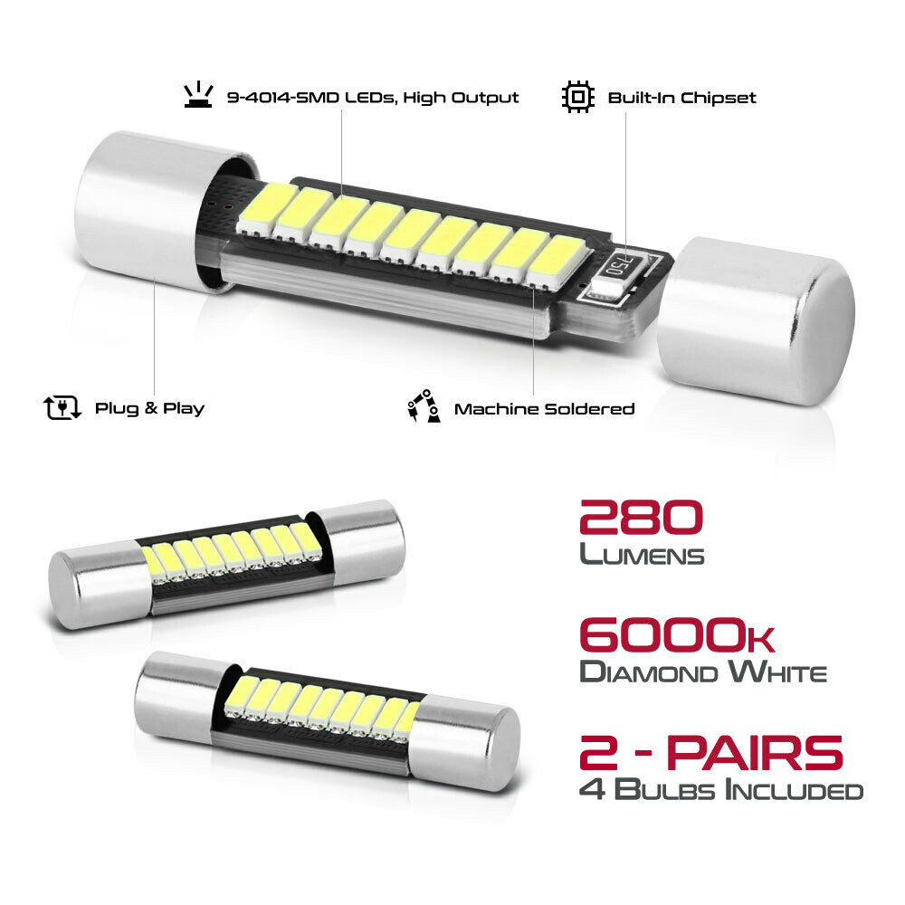 4-Pack 6000K White LED Bulbs For Vanity Mirror / Sun Visor Lights – 29mm Fuse Style, Direct Replacement