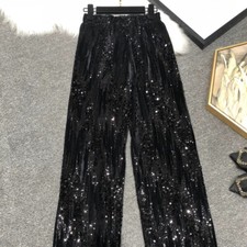Lady Shiny Velvet Sequin Straight Trousers Thin Wide Leg Pants Clubwear Trousers