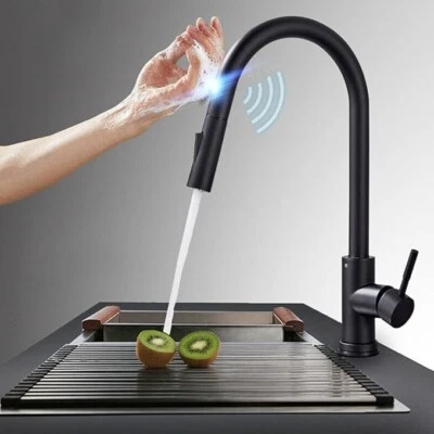 TOPSHOWER Black Touchless Kitchen Faucet Touch Sensor Activated Pull Out Sprayer Mixer Tap