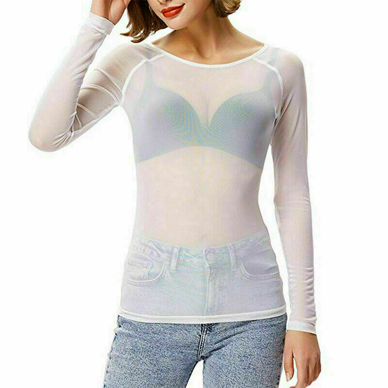 Womens Sheer Mesh Top Ladies Long Sleeve See through