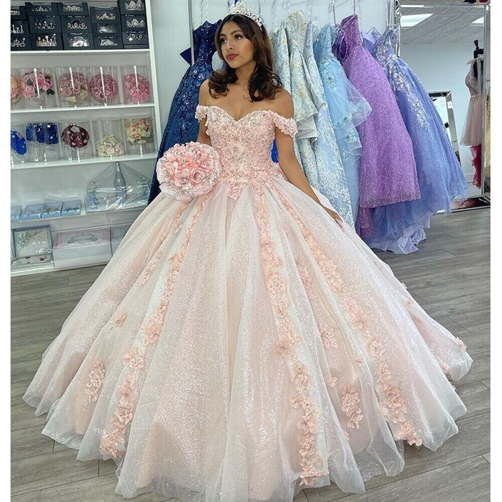 Pink Quinceanera Dresses Ball Gown Off Shoulder 3D Flowers Puffy Sweet 16  Party
