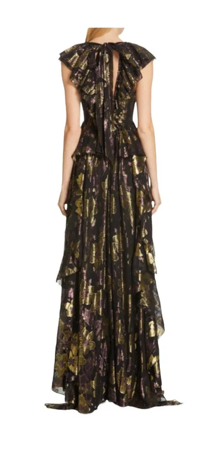 Ulla Johnson Demetria Gown Black Silk Metallic 12 Plunge Neckline Floral Ruffle - Image 3 of 4