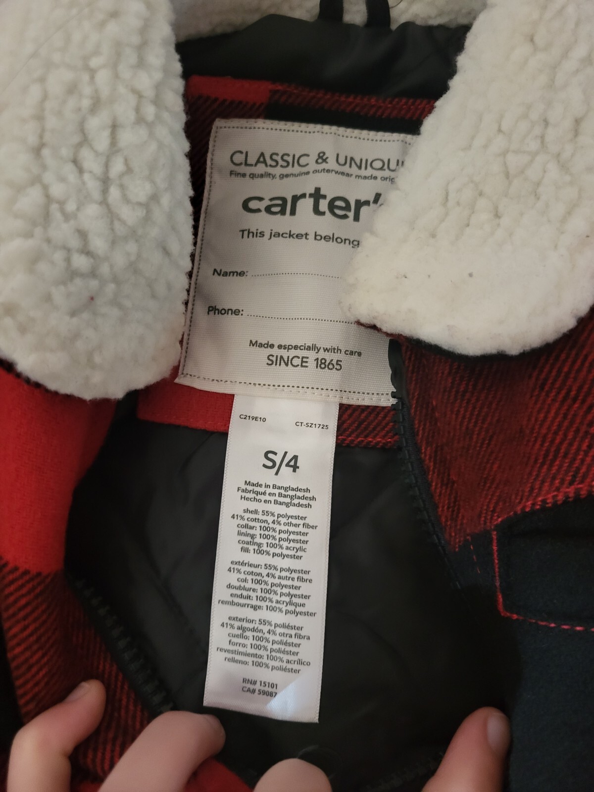 GUC Carters RARE winter coat jacket boys S 4 red black plaid zip front cozy image 2