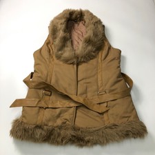 Izabel London Camel Belted Faux Fur Trim Sleeveless Jacket Medium