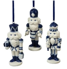 KURT ADLER SET OF 3 PORCELAIN DELFT BLUE NUTCRACKER CHRISTMAS ORNAMENTS J0853