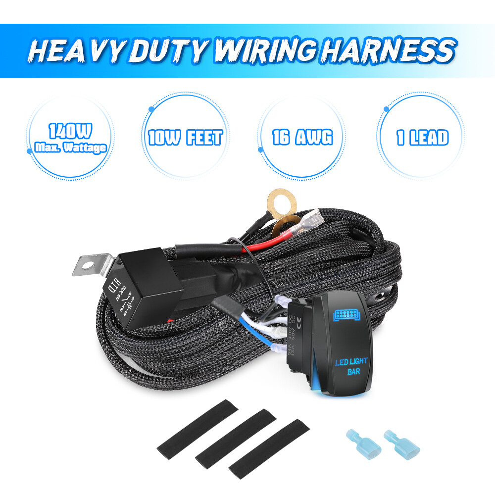2-Lead Wiring Harness Kit ON-OFF Rocker Switch Relay LED Work Light Bar