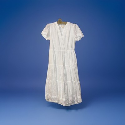 CYNTHIA ROWLEY White Eyelet Lace Tiered Midi Dress Small Short Sleeve Pockets