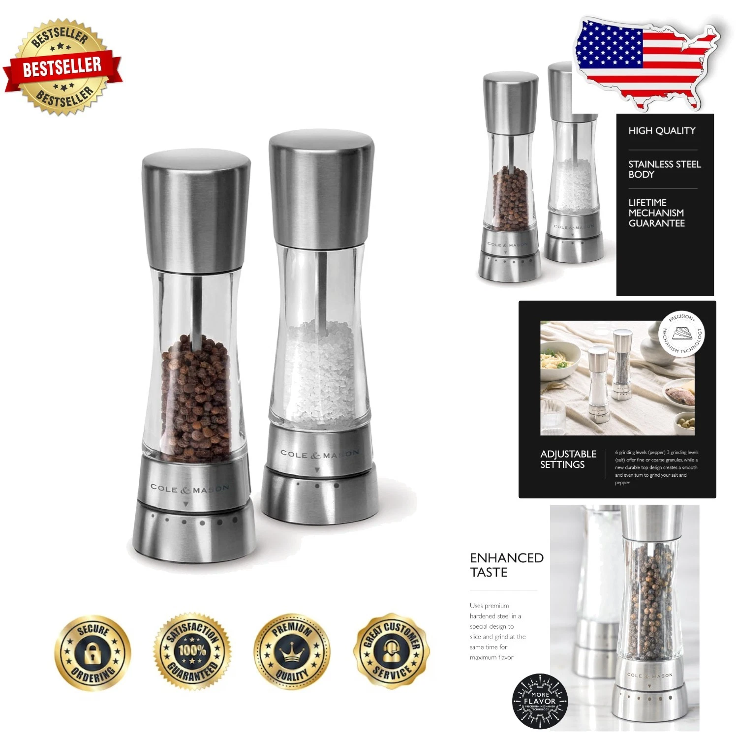 Derwent Stainless Steel Salt Pepper Grinders Set - 2pc Adjustable Mills
Opens in a new window or tab