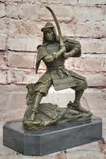 Signed Real Kamiko Japanese Samurai Warrior Bronze Marble Base Sculpture Art