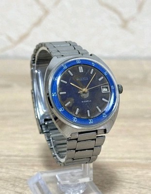 Vintage Wostok USSR Men's Watch Blue Bezel 18 Jewels Manual Wind 2214 Movement