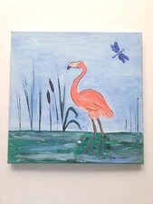 Original Flamingo Landscape Acrylic Painting  -12x12 Wall art