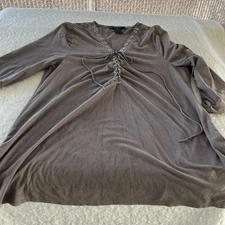 Style & Co Blouse 3/4 Sleeve Faux-Suede Lace-Up Peasant Top Brown Medium