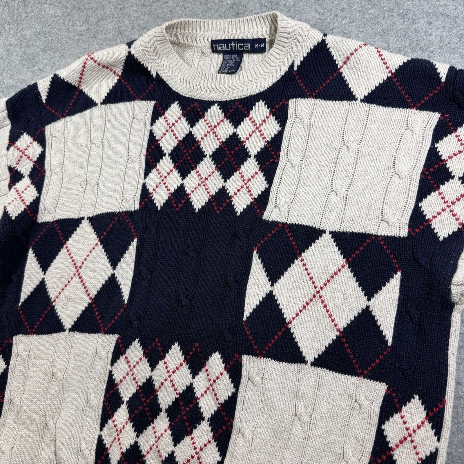 Nautica Cable Knit Sweater Mens M Beige Blue Red Linen Blend Vintage Crewneck thumbnail 3