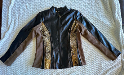 Koos of Course! Women's Leather Jacket Black/Brown Animal Print Lined Zip M
